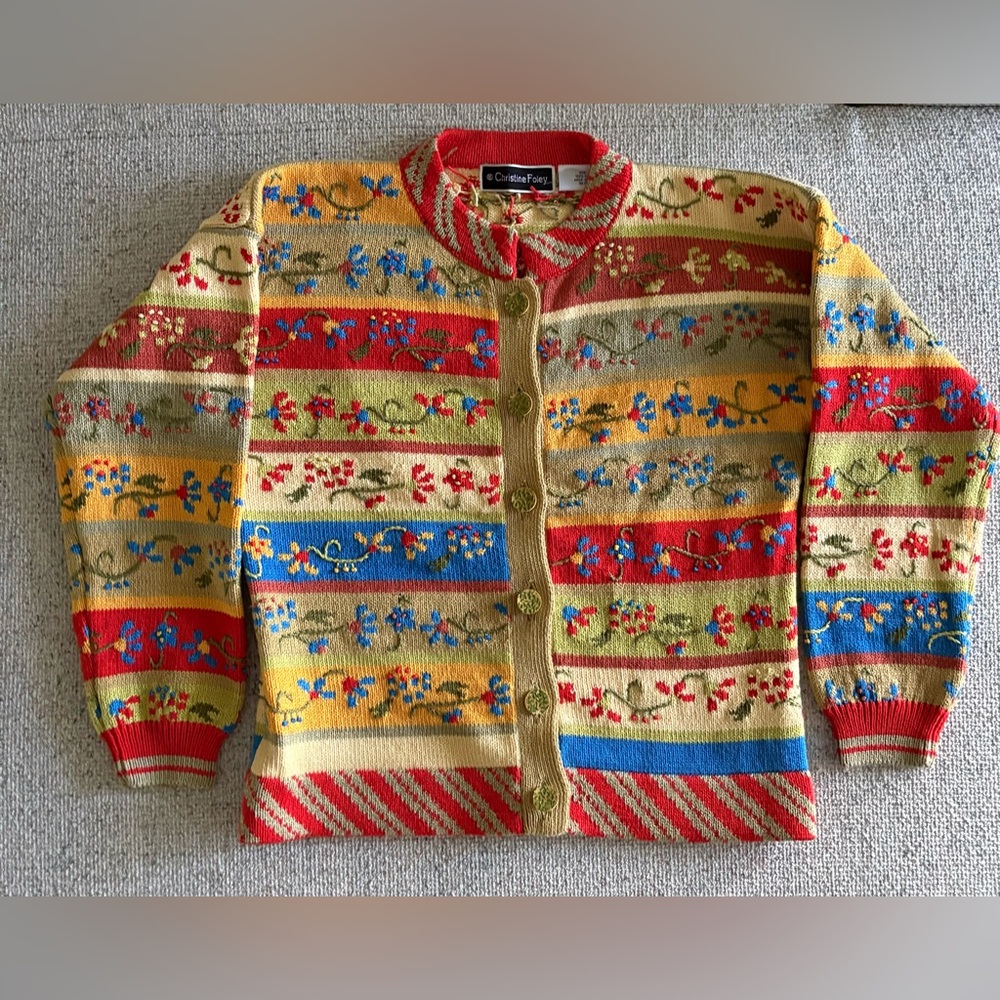 Christine Foley Vintage Cardigan Sweater Floral Vines Size 1